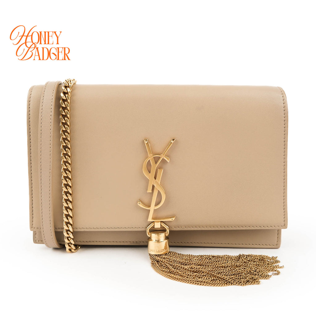 Saint Laurent Paris Kate Tassel Chain Wallet 452159 Smooth Leather Beige Gold Hardware