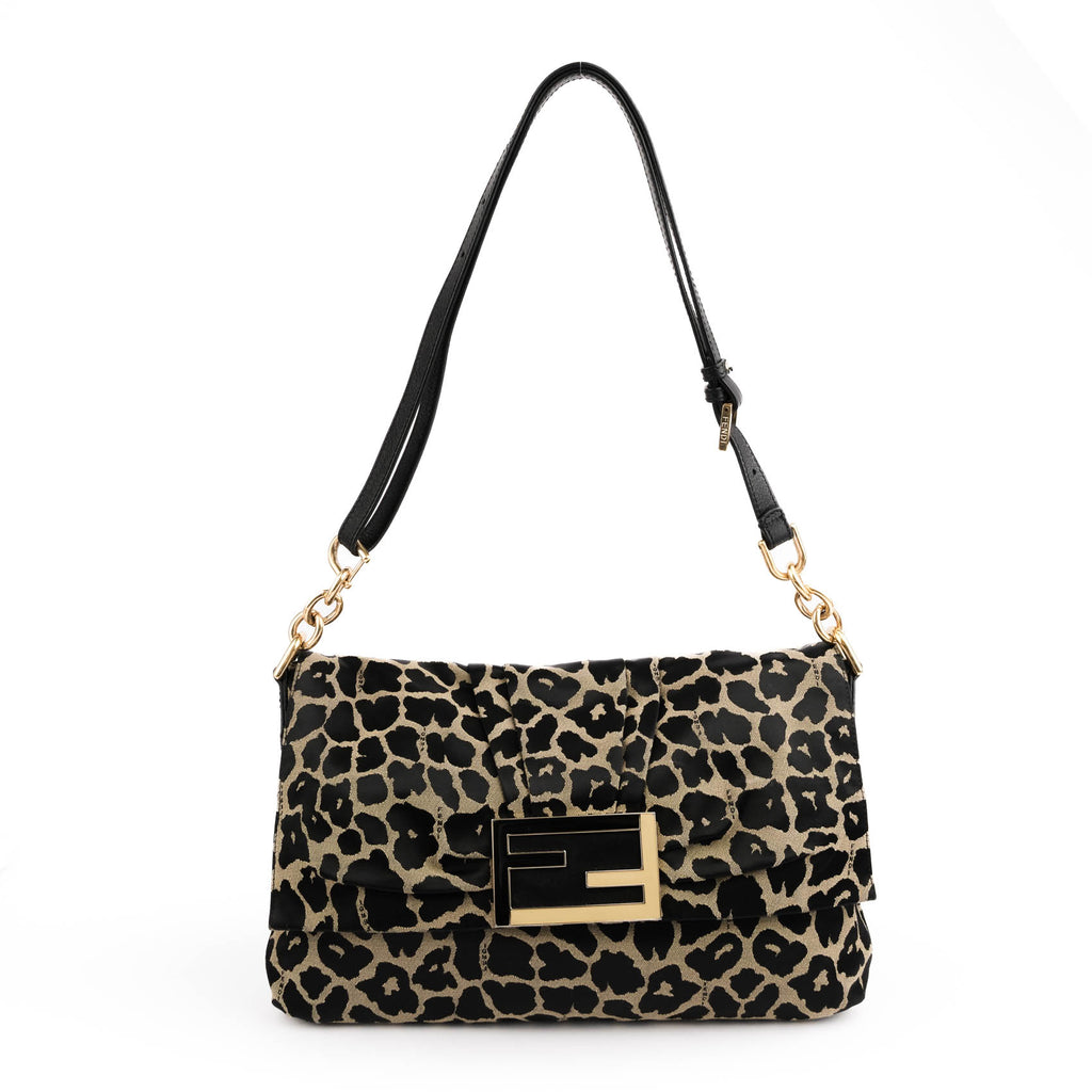 Fendi Large Baguette Leopard Canvas Shoulder Bag with Gold Hardware