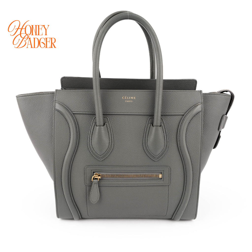 Celine Luggage Micro Shopper Grained Leather Gray Handbag Gold Hardware