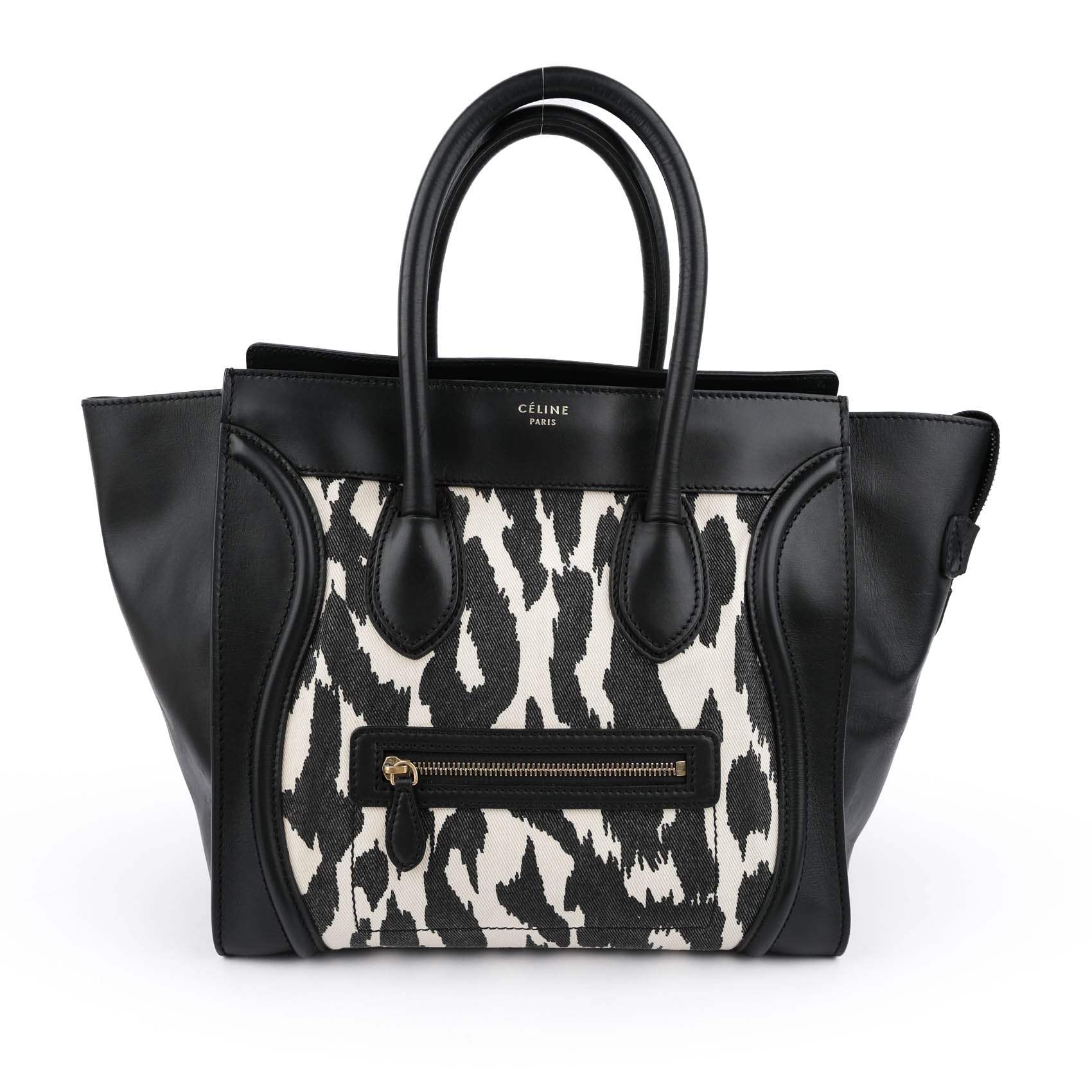 Celine Old Logo Luggage Large Shopper Tote Bag Abstract Leopard Canvas Black Leather