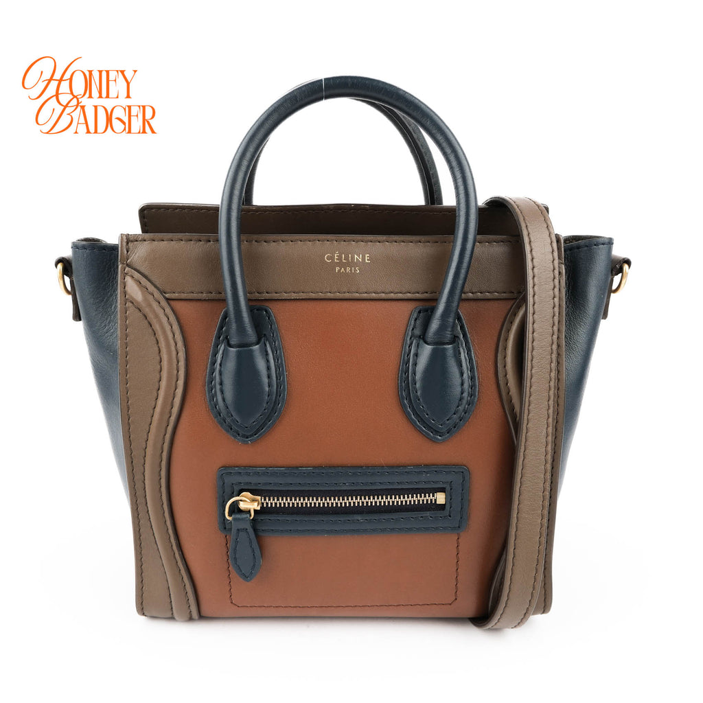 Authentic Celine Luggage Nano Tricolor | Brown, Navy & Taupe Leather Crossbody Bag