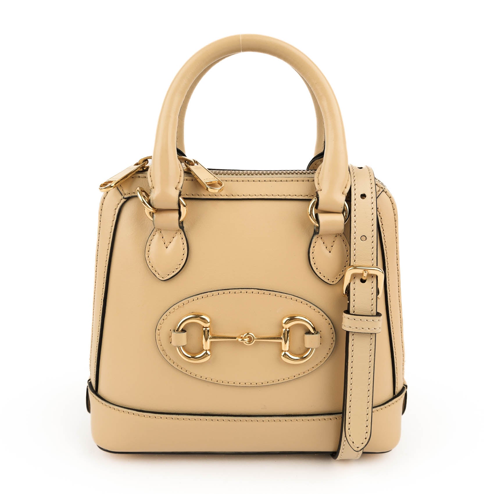 Gucci Horsebit 1955 Mini Top Handle Bag 640716 Smooth Leather Beige Gold Hardware 2-Way