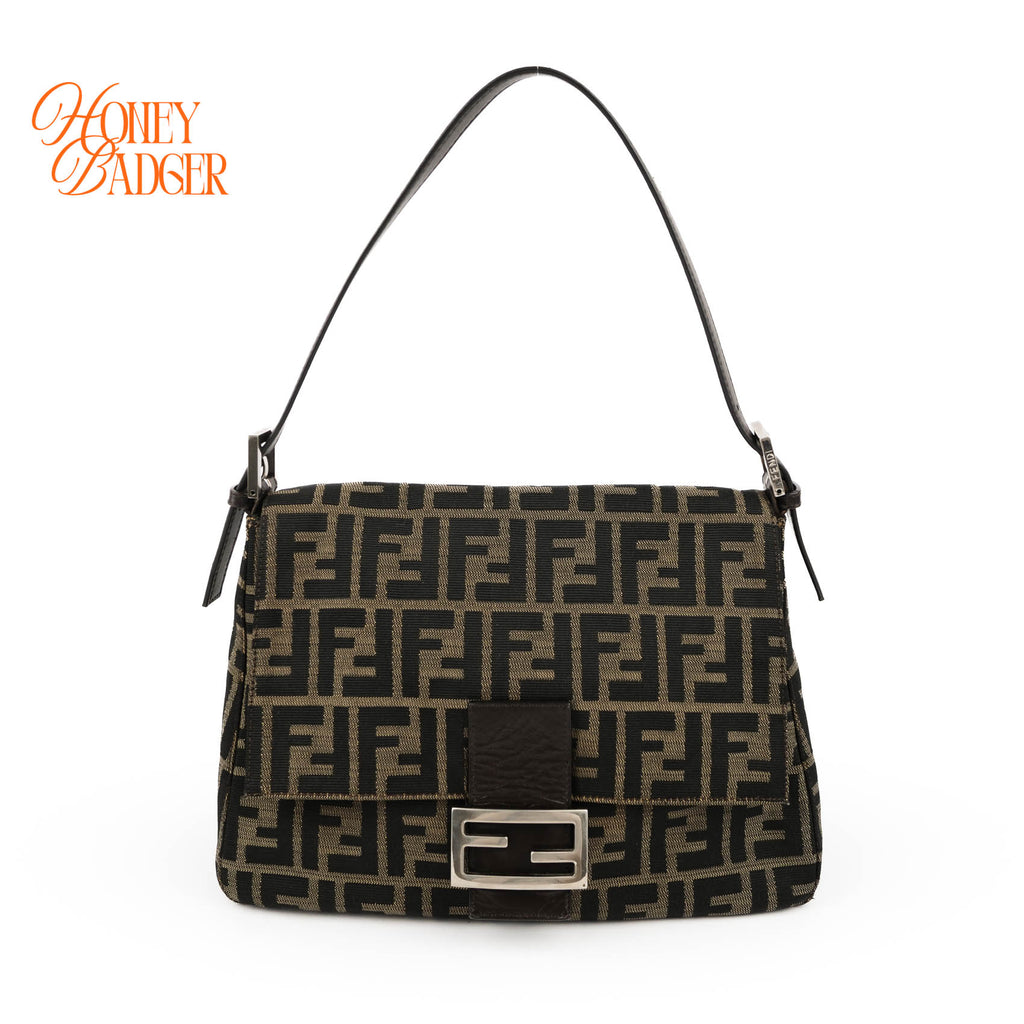 Fendi Zucca Canvas Mamma Baguette Shoulder Bag Tobacco Brown Leather Silver Hardware