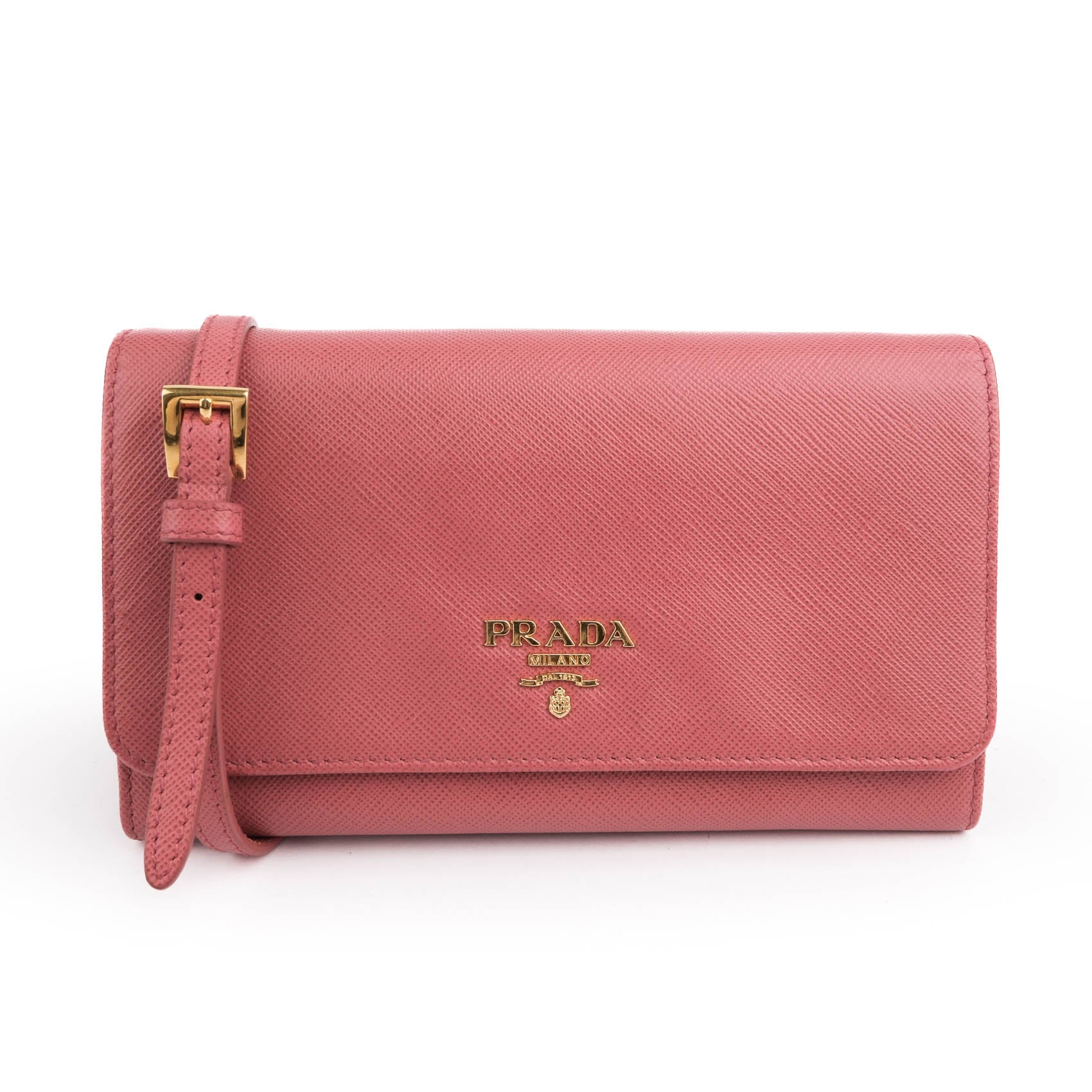 Prada Saffiano Leather Wallet with Shoulder Strap 2way Bag Pink Gold Hardware