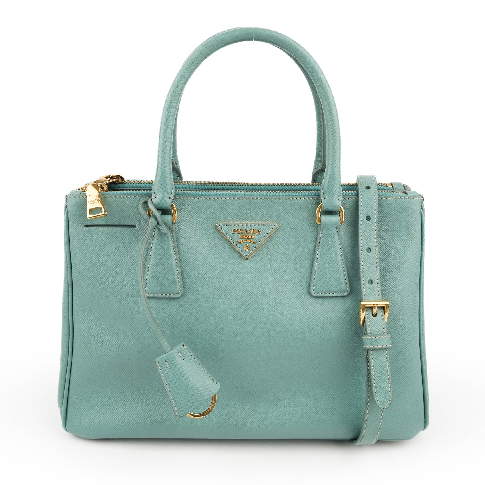 Prada Galleria Medium Saffiano Leather 2-Way Handbag Light Blue Gold Hardware