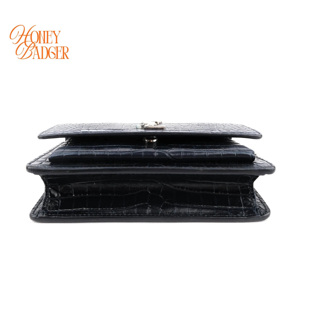Saint Laurent Sunset Croc-Embossed Leather Navy Silver Hardware Rank A