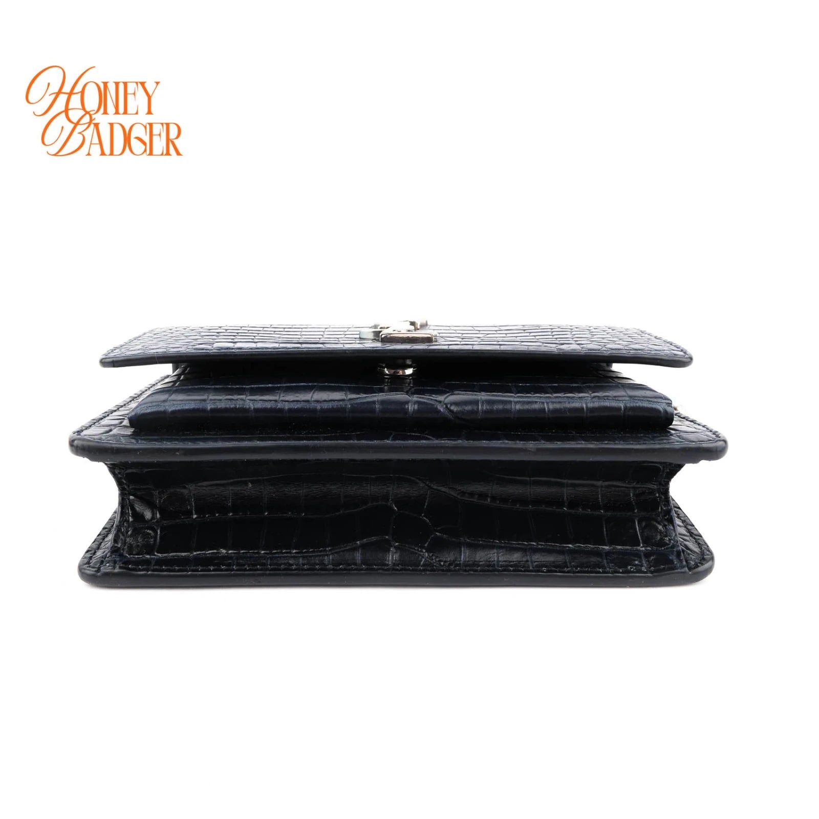 Saint Laurent Sunset Croc-Embossed Leather Navy Silver Hardware Rank A