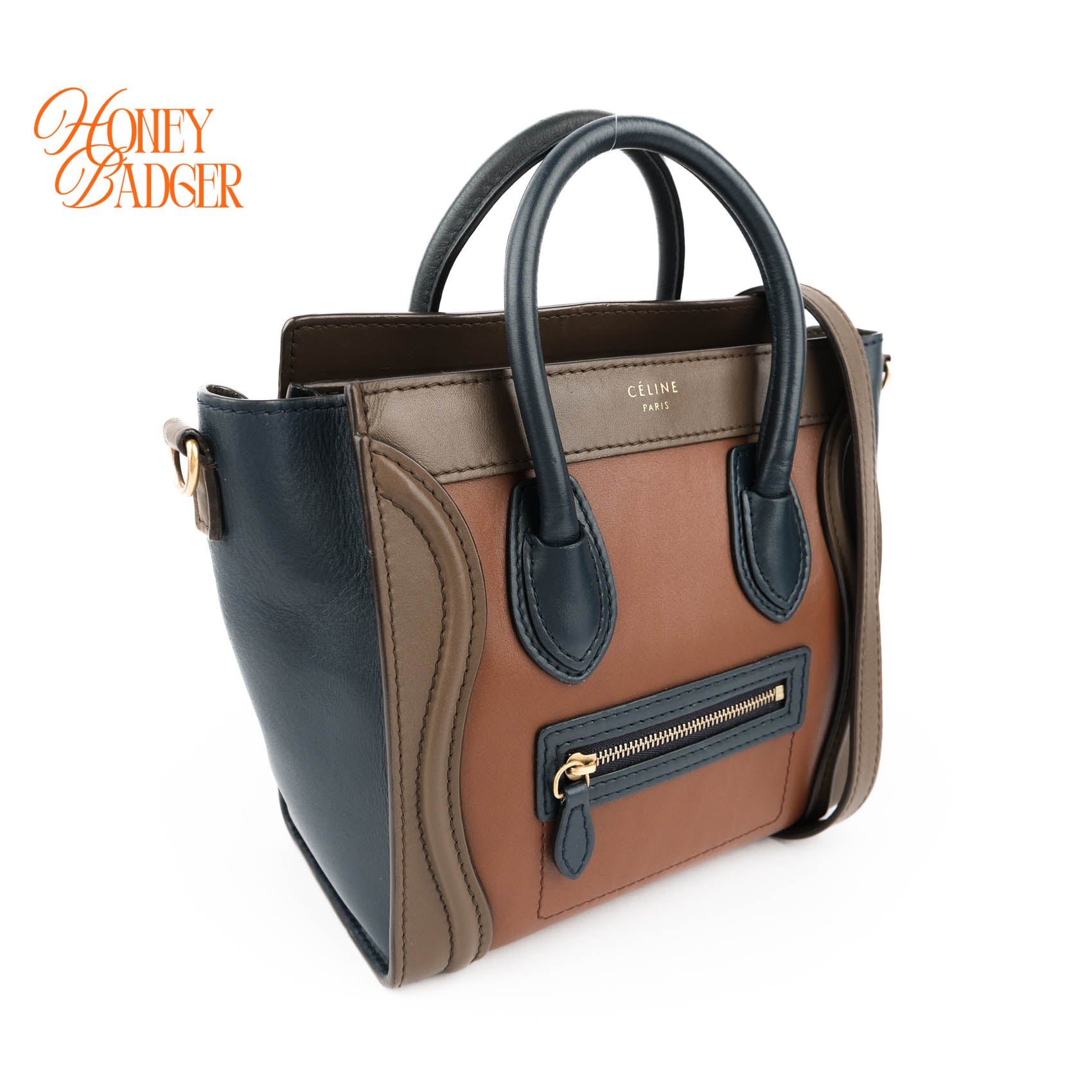 Authentic Celine Luggage Nano Tricolor | Brown, Navy & Taupe Leather Crossbody Bag