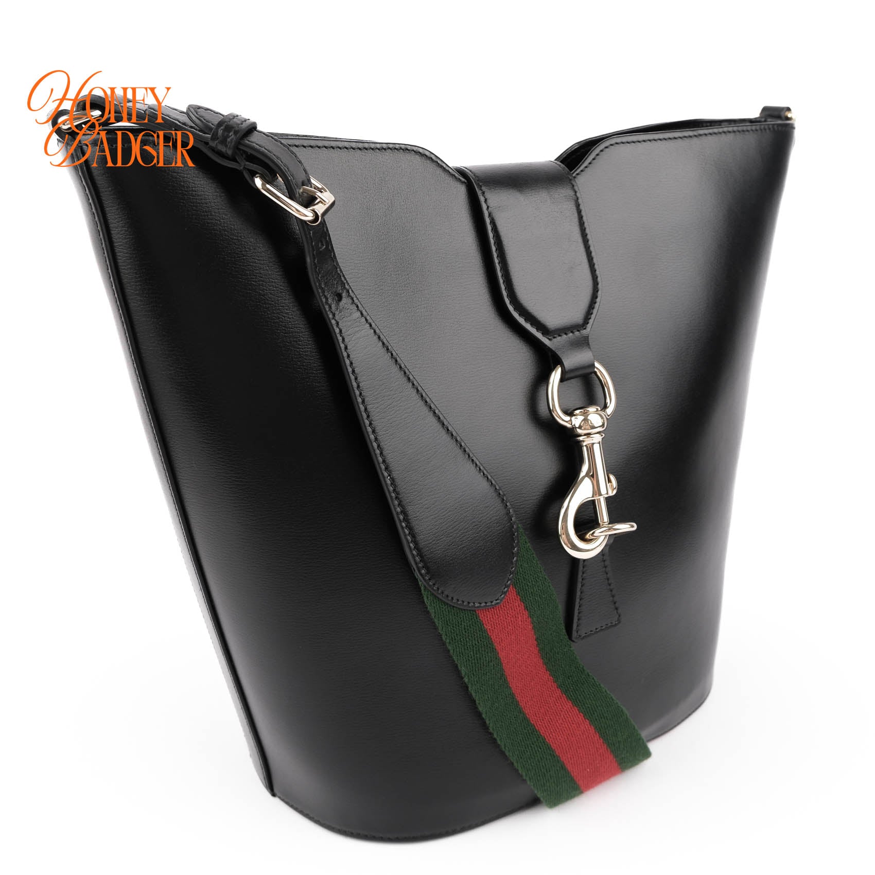 Gucci Jackie 1961 Small Bucket Bag Black Leather Web Strap Gold Hardware