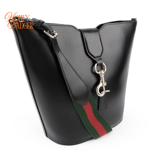 Gucci Jackie 1961 Small Bucket Bag Black Leather Web Strap Gold Hardware