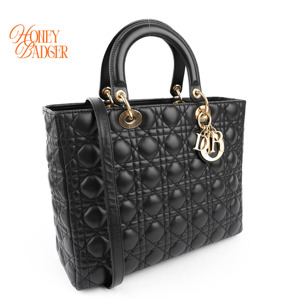 Christian Dior Lady Dior Large Cannage Black Lambskin Gold Hardware 2WAY Bag