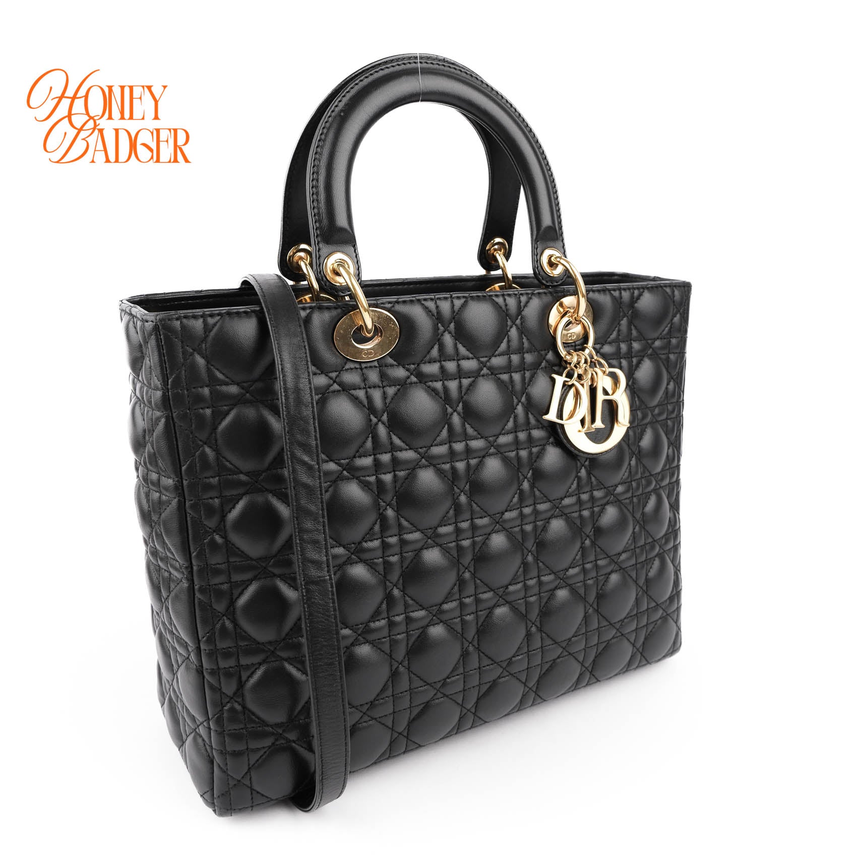 Christian Dior Lady Dior Large Cannage Black Lambskin Gold Hardware 2WAY Bag