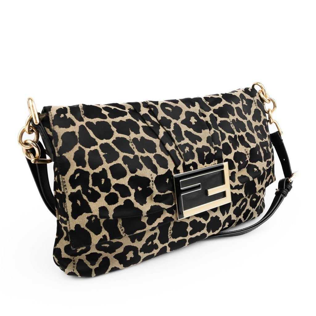 Fendi Large Baguette Leopard Canvas Shoulder Bag with Gold Hardware