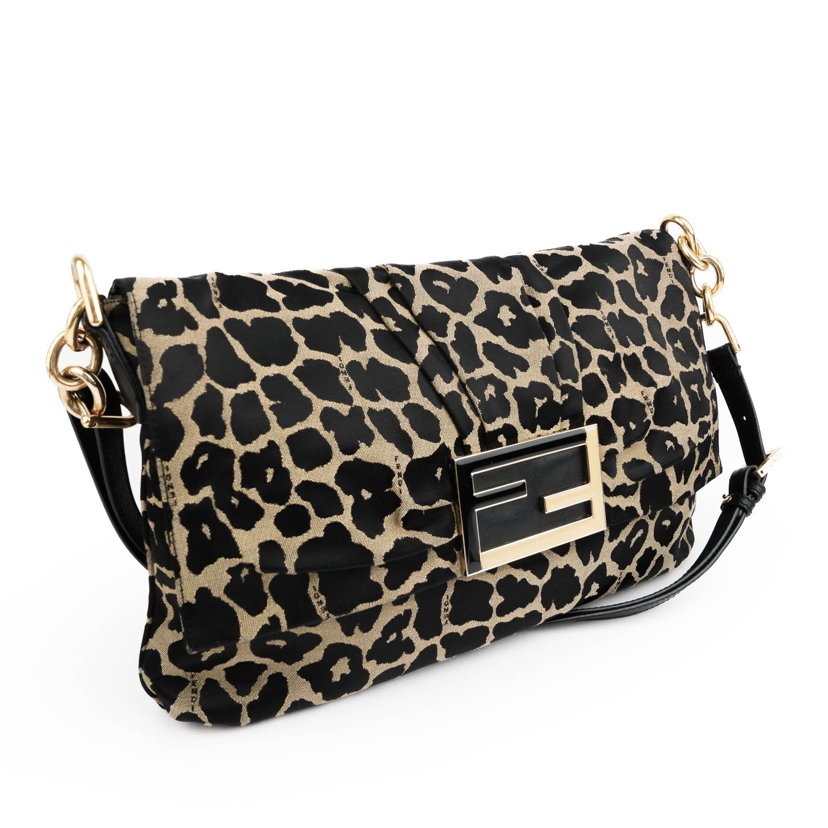 Fendi Large Baguette Leopard Canvas Shoulder Bag with Gold Hardware