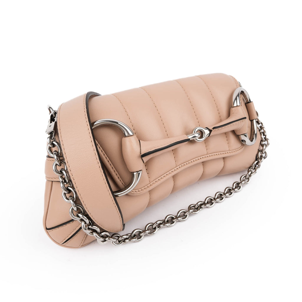 Gucci Horsebit 1955 Small Chain Shoulder Bag Quilted Leather Beige Silver Hardware
