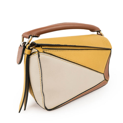 LOEWE Puzzle Bag Mini Brown Yellow Leather 2Way Shoulder Crossbody Handbag