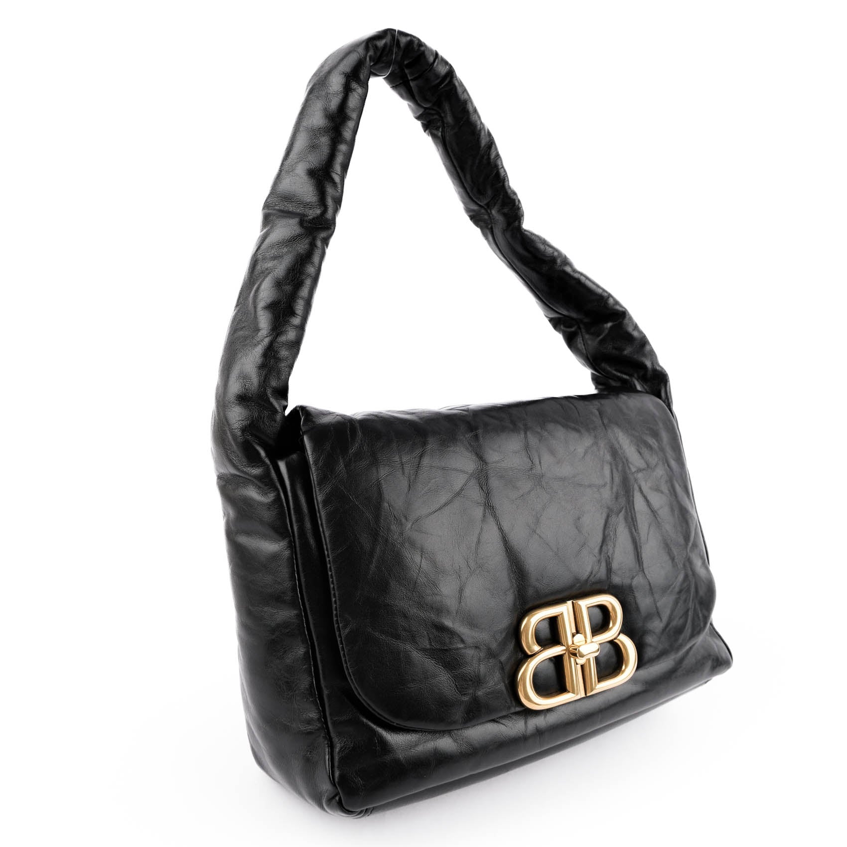 BALENCIAGA Monaco BB Logo Leather Shoulder Bag Black