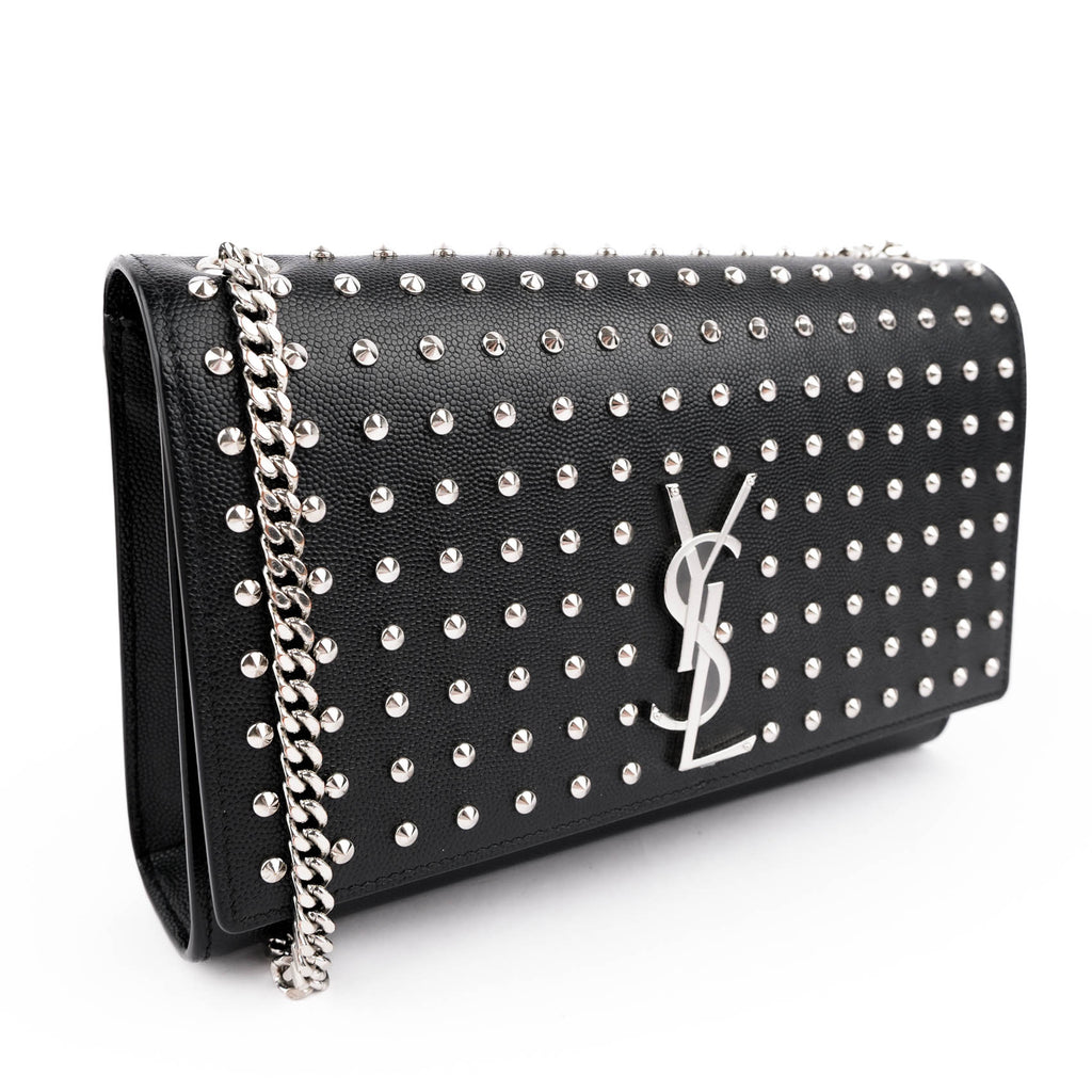 Saint Laurent Kate Medium Chain Shoulder Bag Black Grained Leather Round Studs Silver Hardware YSL Logo