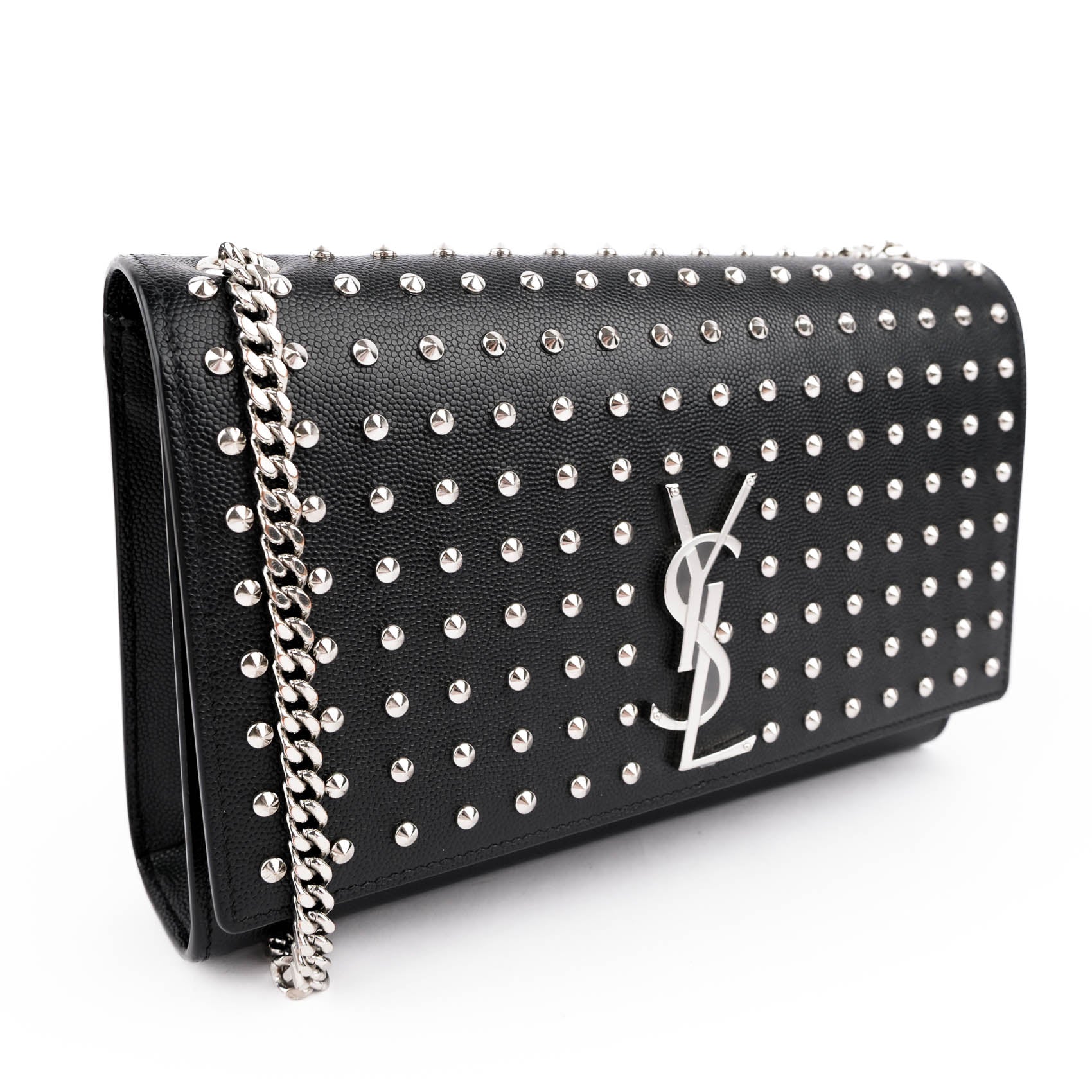 Saint Laurent Kate Medium Chain Shoulder Bag Black Grained Leather Round Studs Silver Hardware YSL Logo