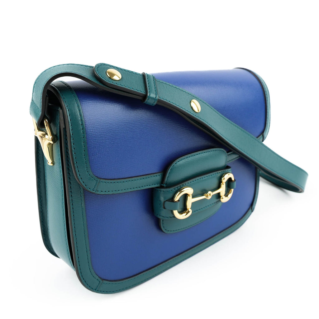 Gucci Horsebit 1955 Small Shoulder Bag in Imperial Blue and Pavone Green Leather