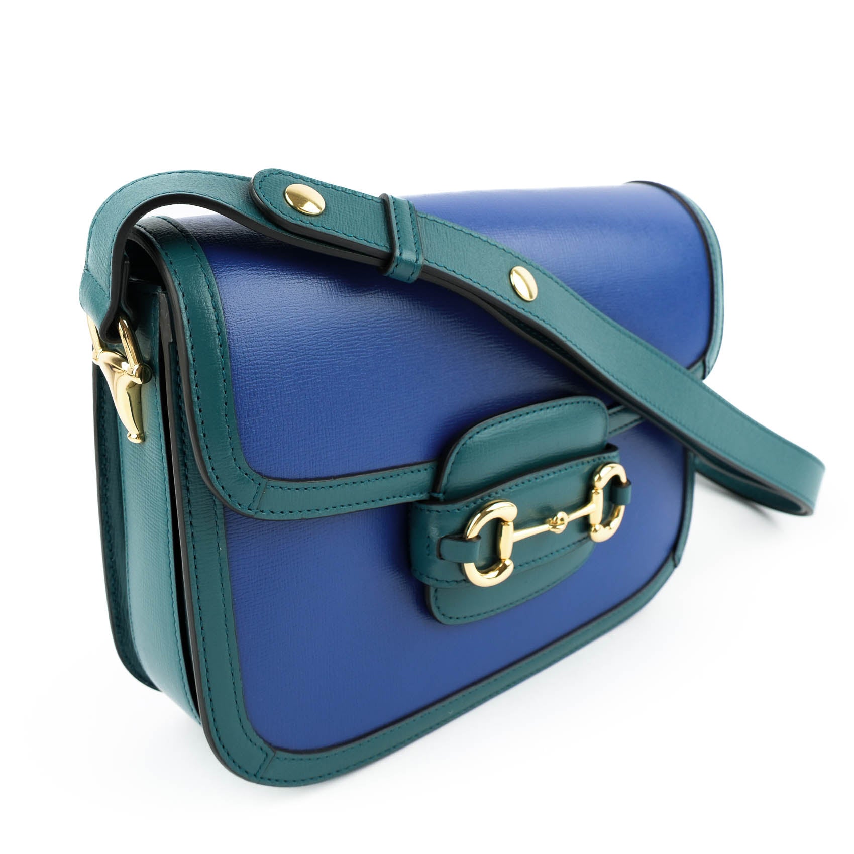 Gucci Horsebit 1955 Small Shoulder Bag in Imperial Blue and Pavone Green Leather