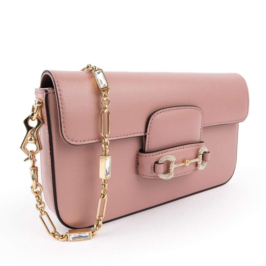 Gucci Horsebit 1955 Mini Chain Flap Bag Pink Leather Crystal Hardware 752002