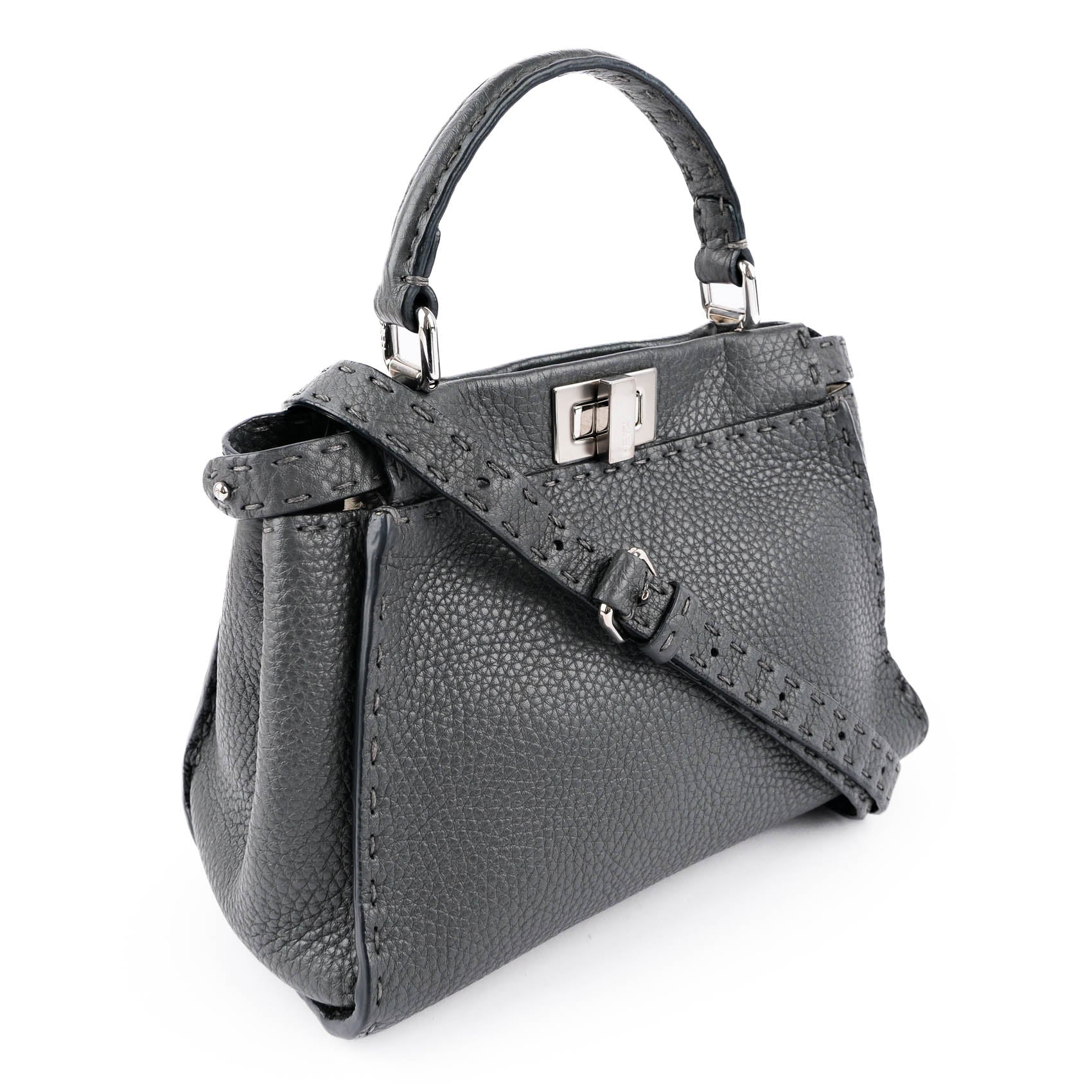 Fendi Selleria Mini Peekaboo 2-Way Handbag Cuoio Roma Leather Gray 8BN244 Silver Hardware