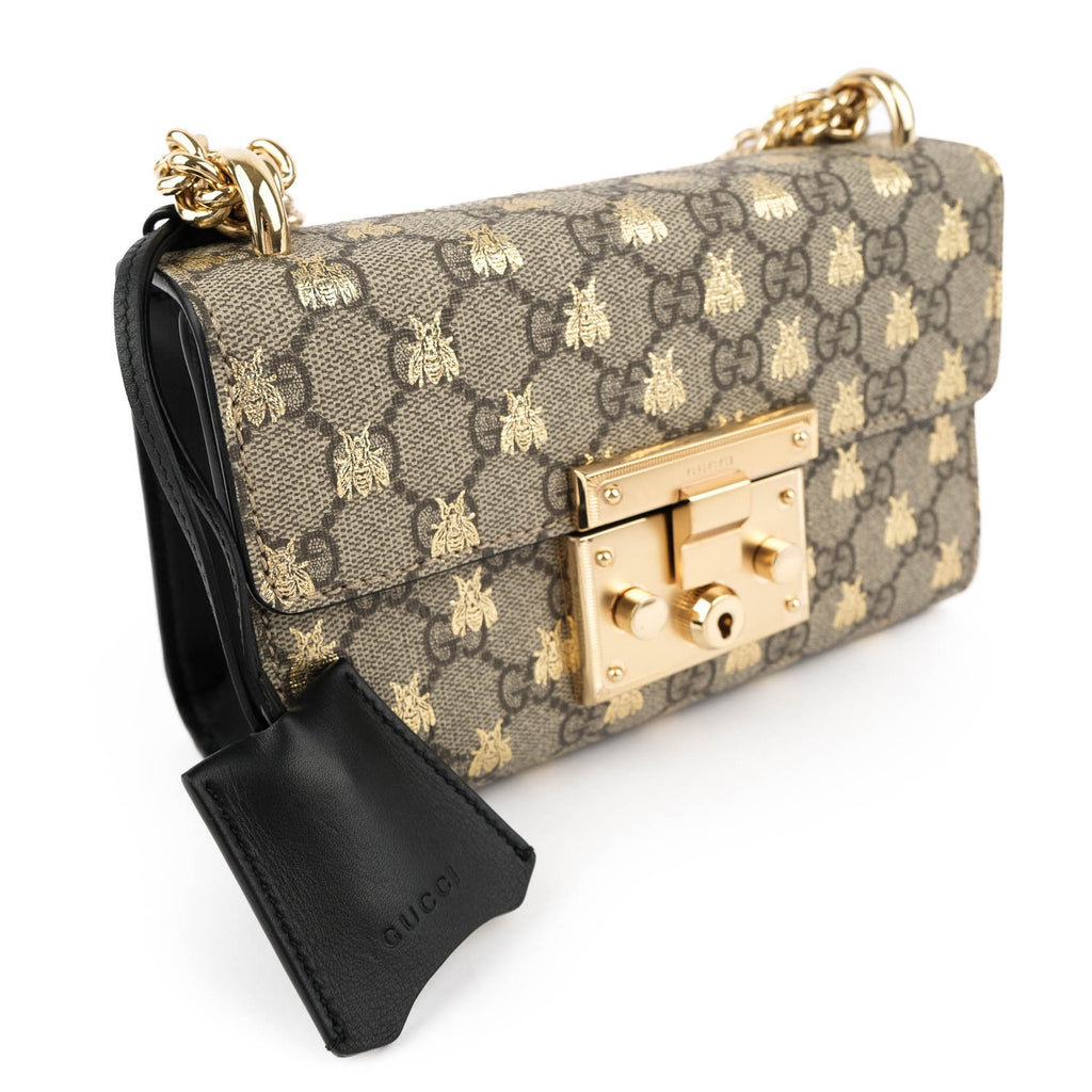 Gucci Padlock Small Shoulder Bag 409487 GG Supreme Gold Bee Print Beige Black
