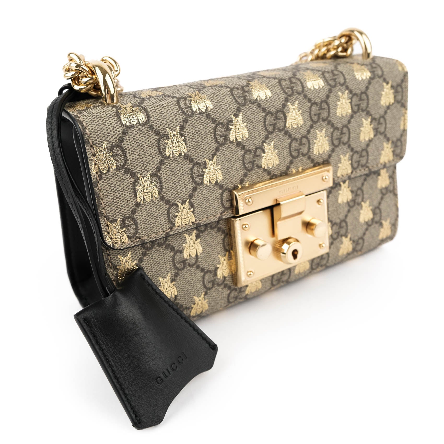Gucci Padlock Small Shoulder Bag 409487 GG Supreme Gold Bee Print Beige Black