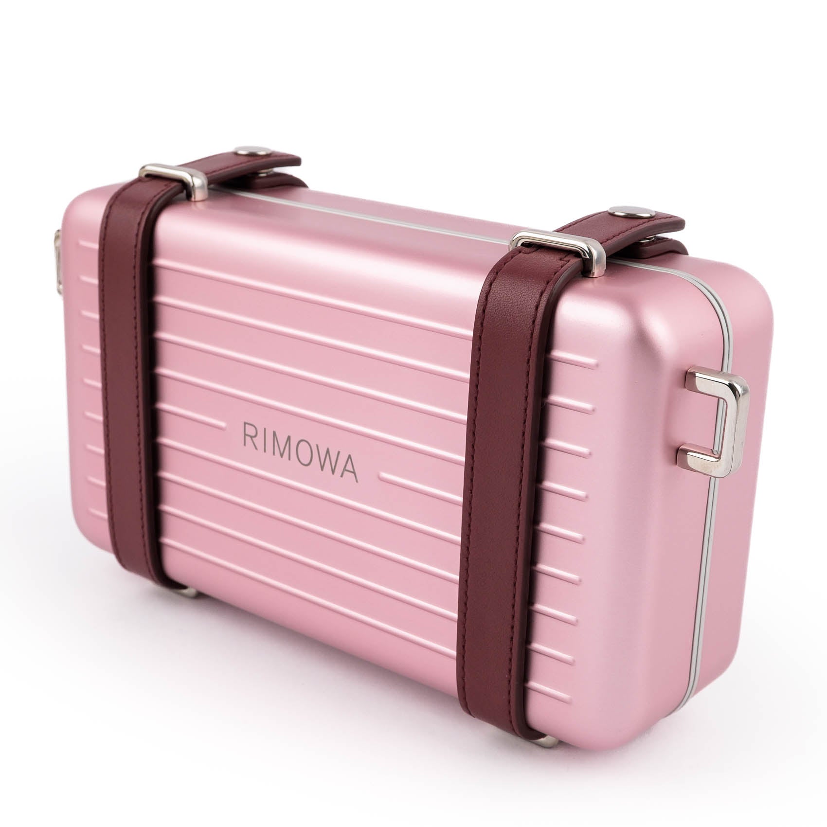 DIOR AND RIMOWA Personal Clutch on Strap in Rose Aluminum and Burgundy Leather