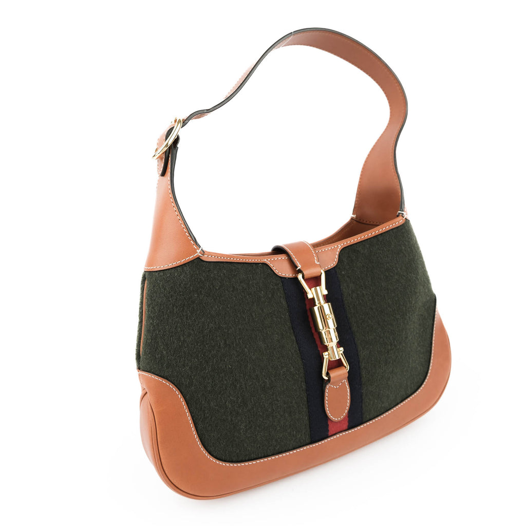 Gucci Jackie 1961 Small Shoulder Bag in Green Felt and Brown Leather