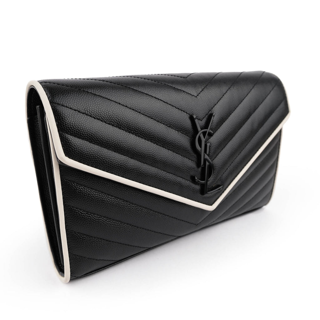 Saint Laurent Large Envelope Bag in Mix Matelassé Grain de Poudre Embossed Leather with White Piping and Black Hardware