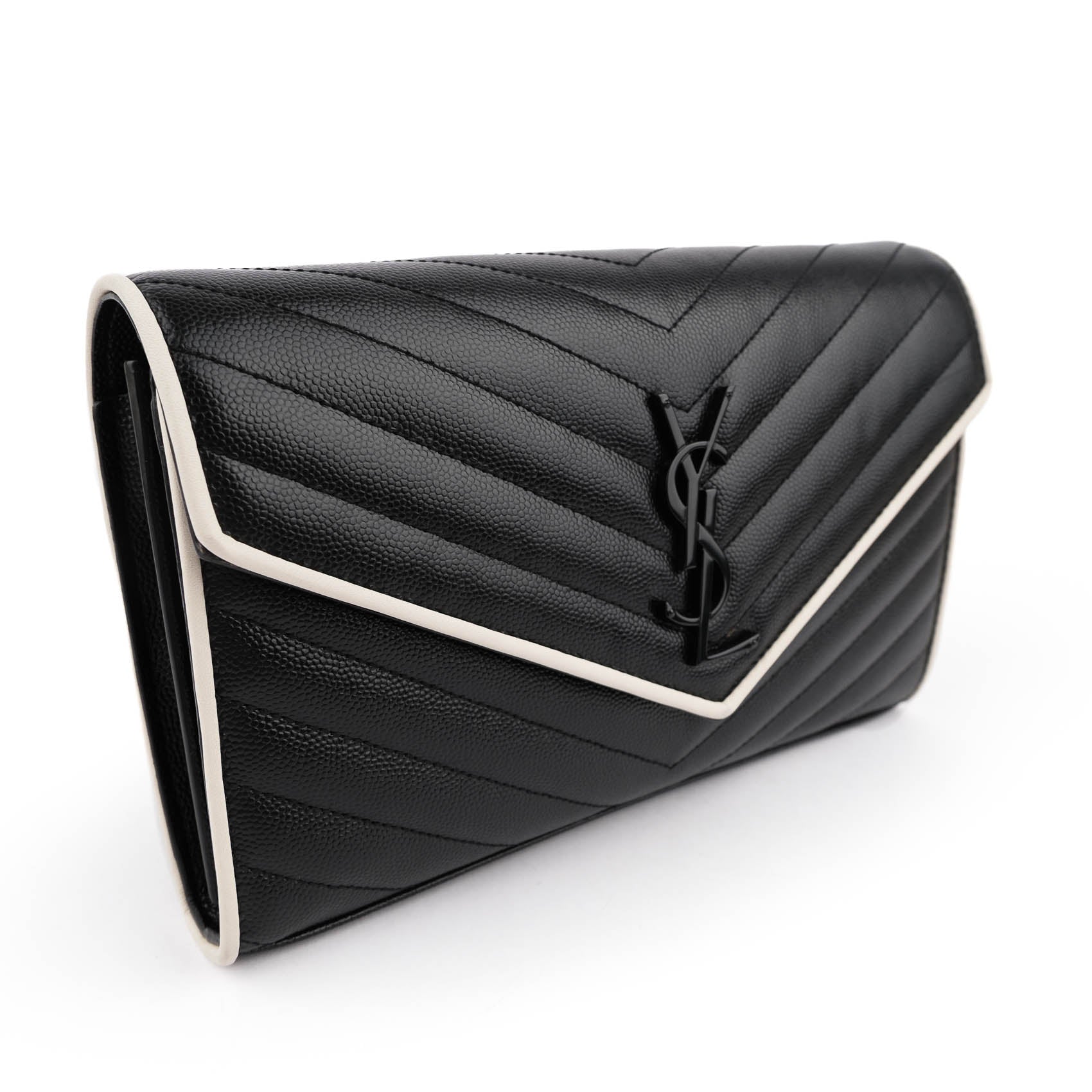 Saint Laurent Large Envelope Bag in Mix Matelassé Grain de Poudre Embossed Leather with White Piping and Black Hardware
