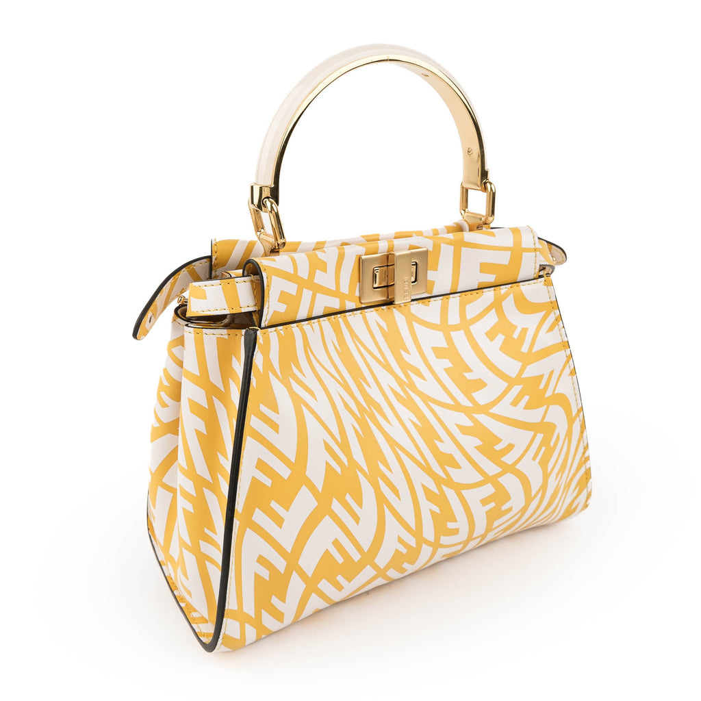Fendi Mini Peekaboo 8BN244 Yellow White FF Print Leather 2WAY Top Handle Shoulder Bag
