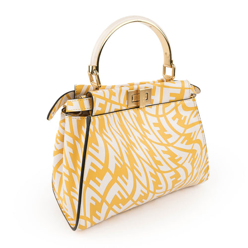 Fendi Mini Peekaboo 8BN244 Yellow White FF Print Leather 2WAY Top Handle Shoulder Bag