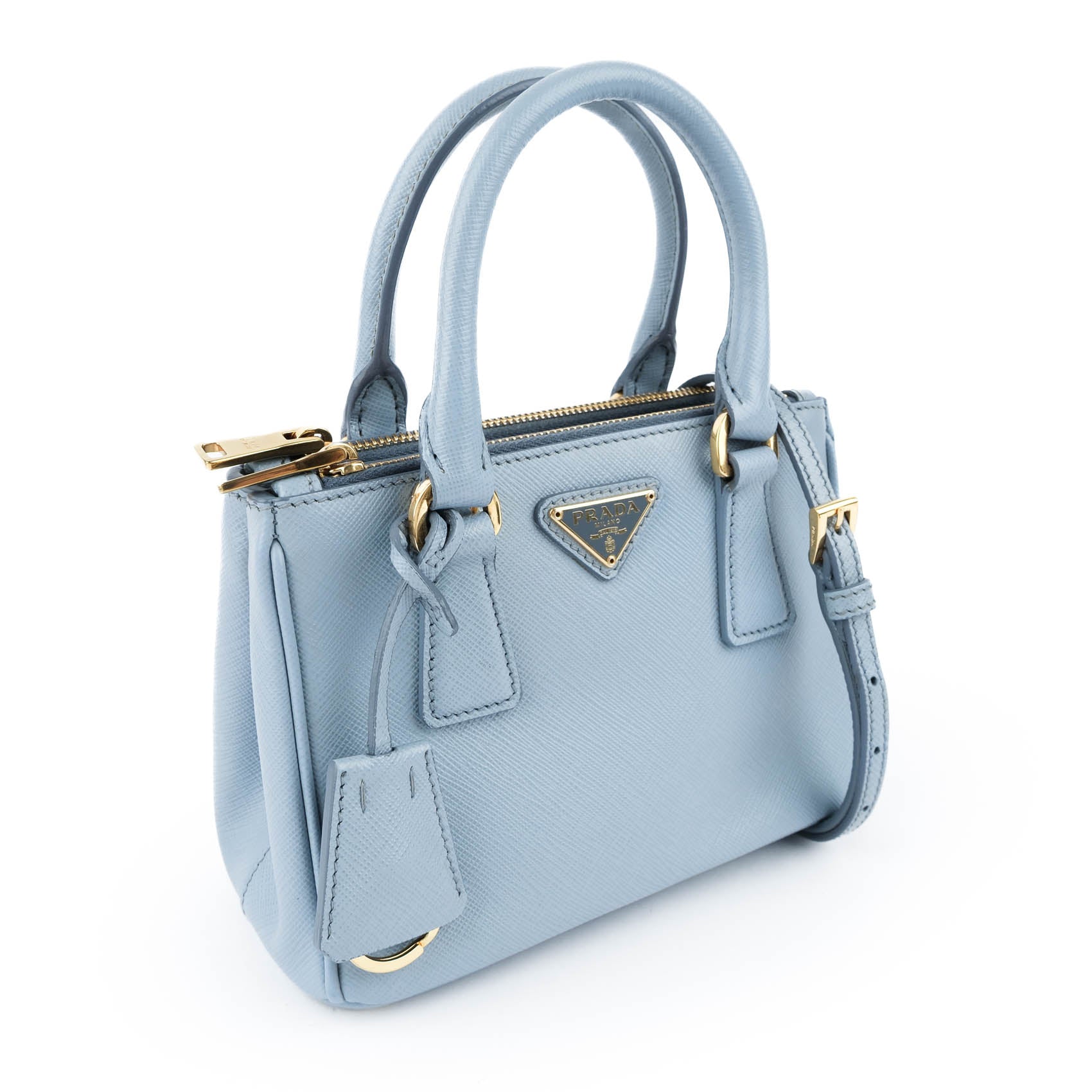 PRADA Saffiano Leather Mini Galleria 2WAY Top Handle Shoulder Bag Light Blue Gold Hardware