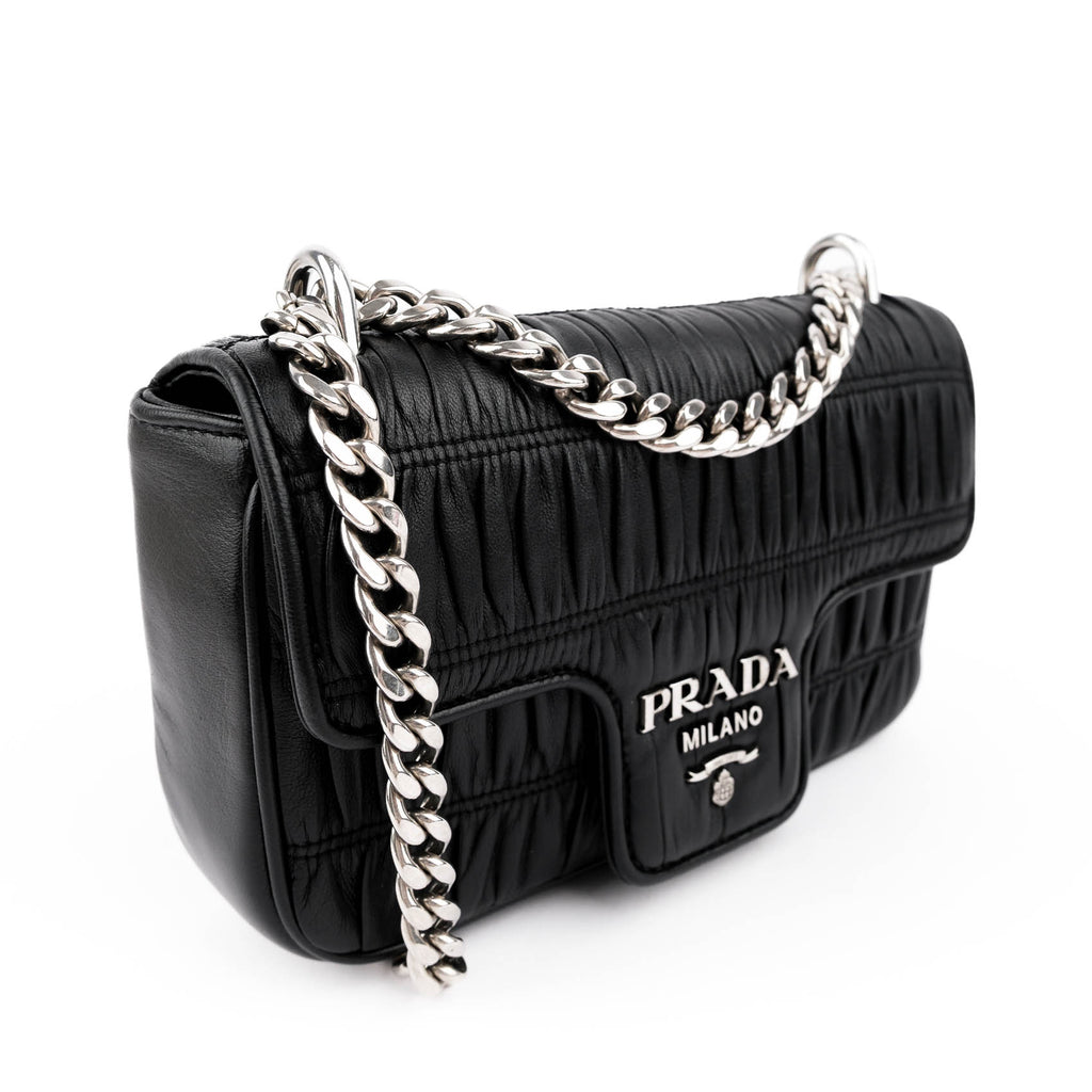 Prada Nappa Gaufre Pattina Flap Chain Shoulder Bag Black Leather Silver Hardware