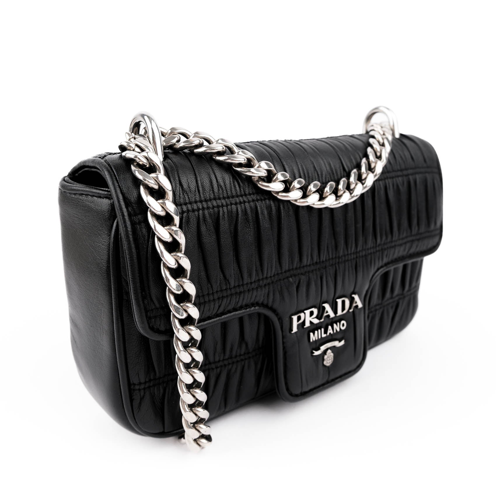 Prada Nappa Gaufre Pattina Flap Chain Shoulder Bag Black Leather Silver Hardware