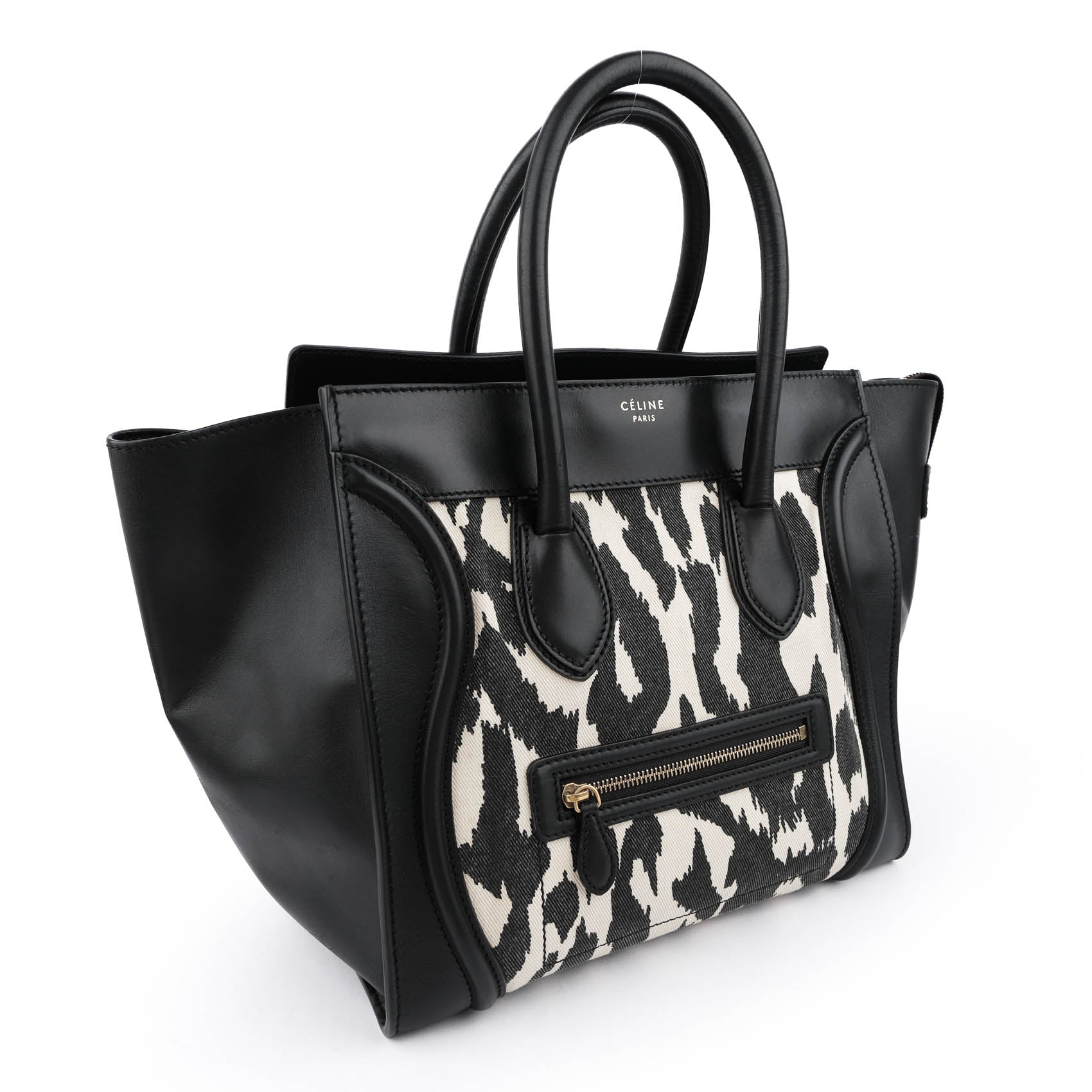 Celine Old Logo Luggage Large Shopper Tote Bag Abstract Leopard Canvas Black Leather