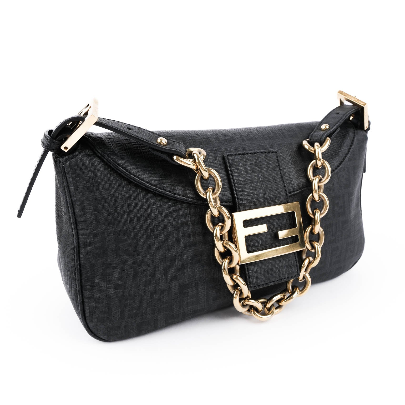 Fendi Baguette Medium — Black Zucca PVC with Gold Chain 8BR600