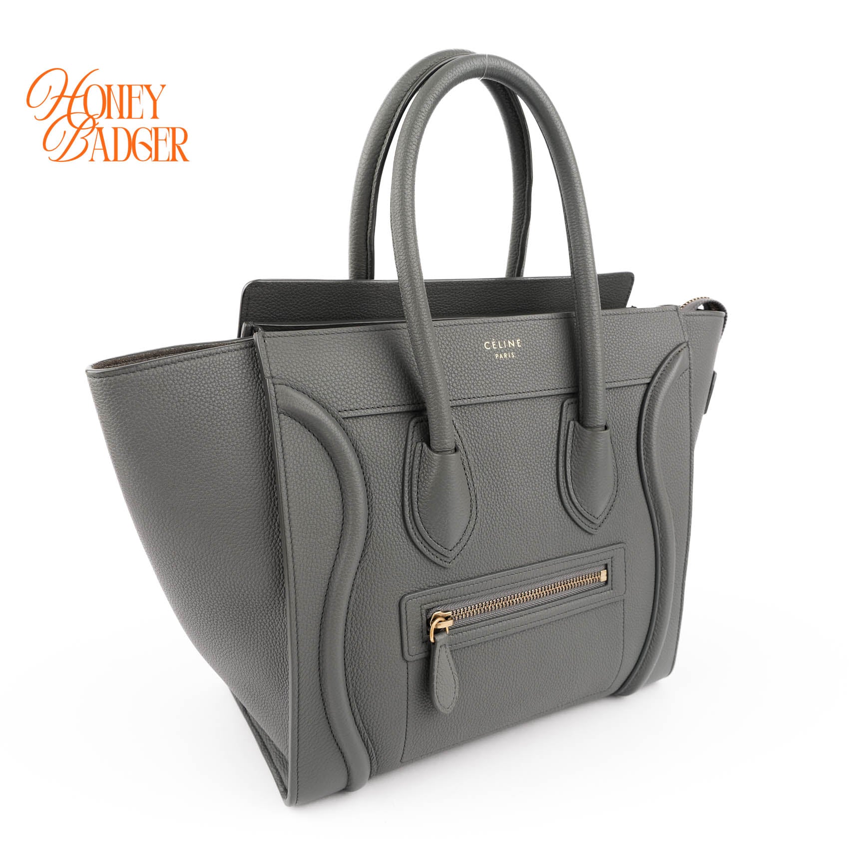 Celine Luggage Micro Shopper Grained Leather Gray Handbag Gold Hardware