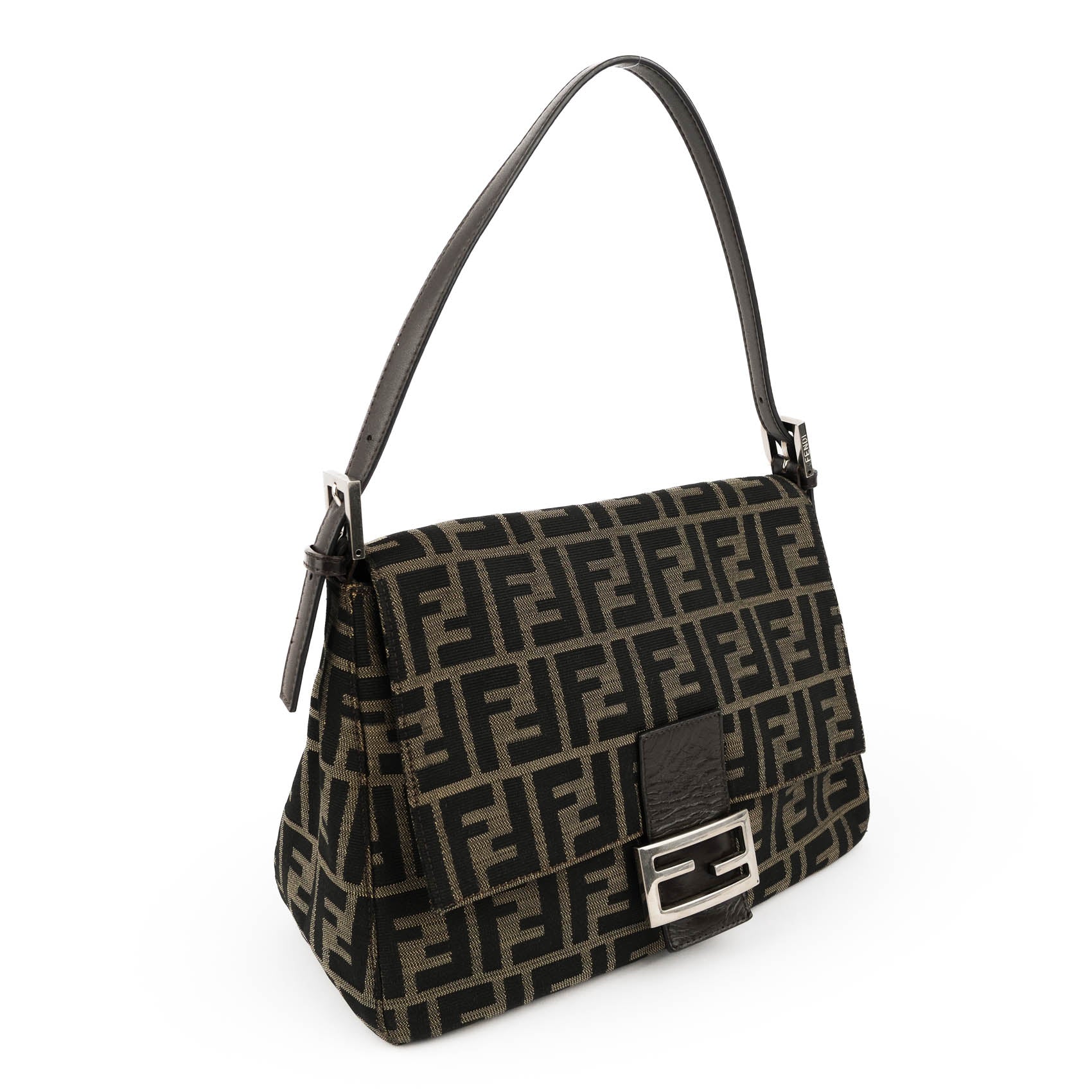 Fendi Zucca Canvas Mamma Baguette Shoulder Bag Tobacco Brown Leather Silver Hardware