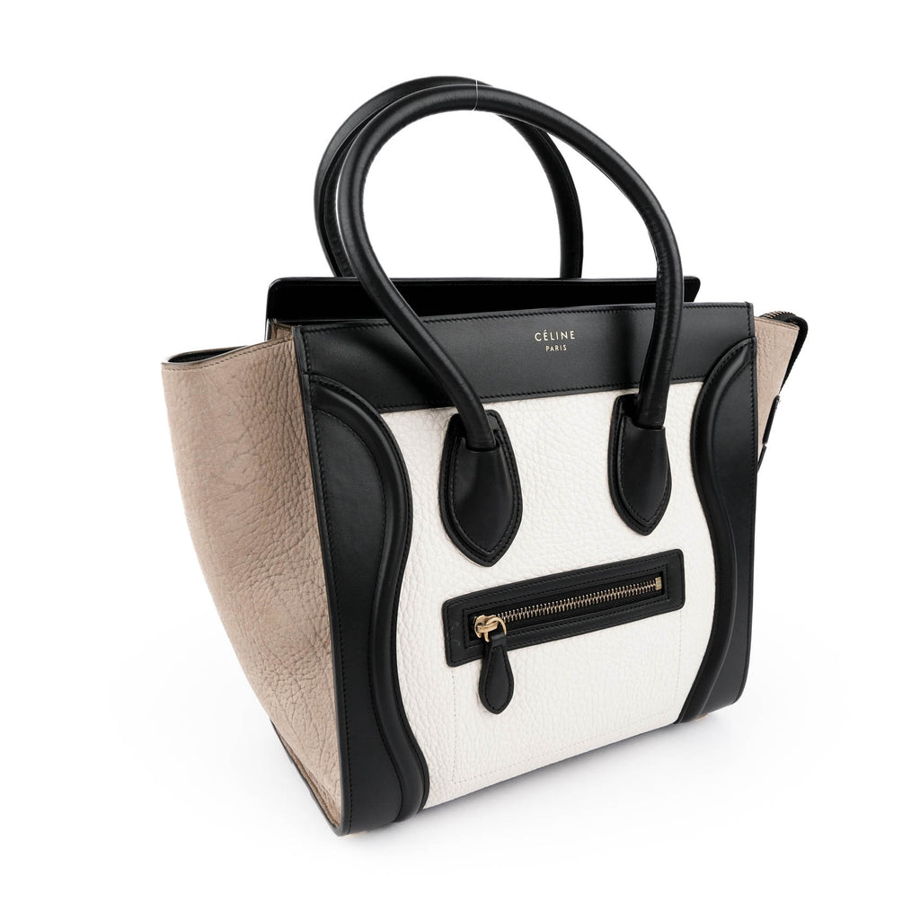 Celine Micro Luggage Tote Tricolor White Black Beige Leather Handbag