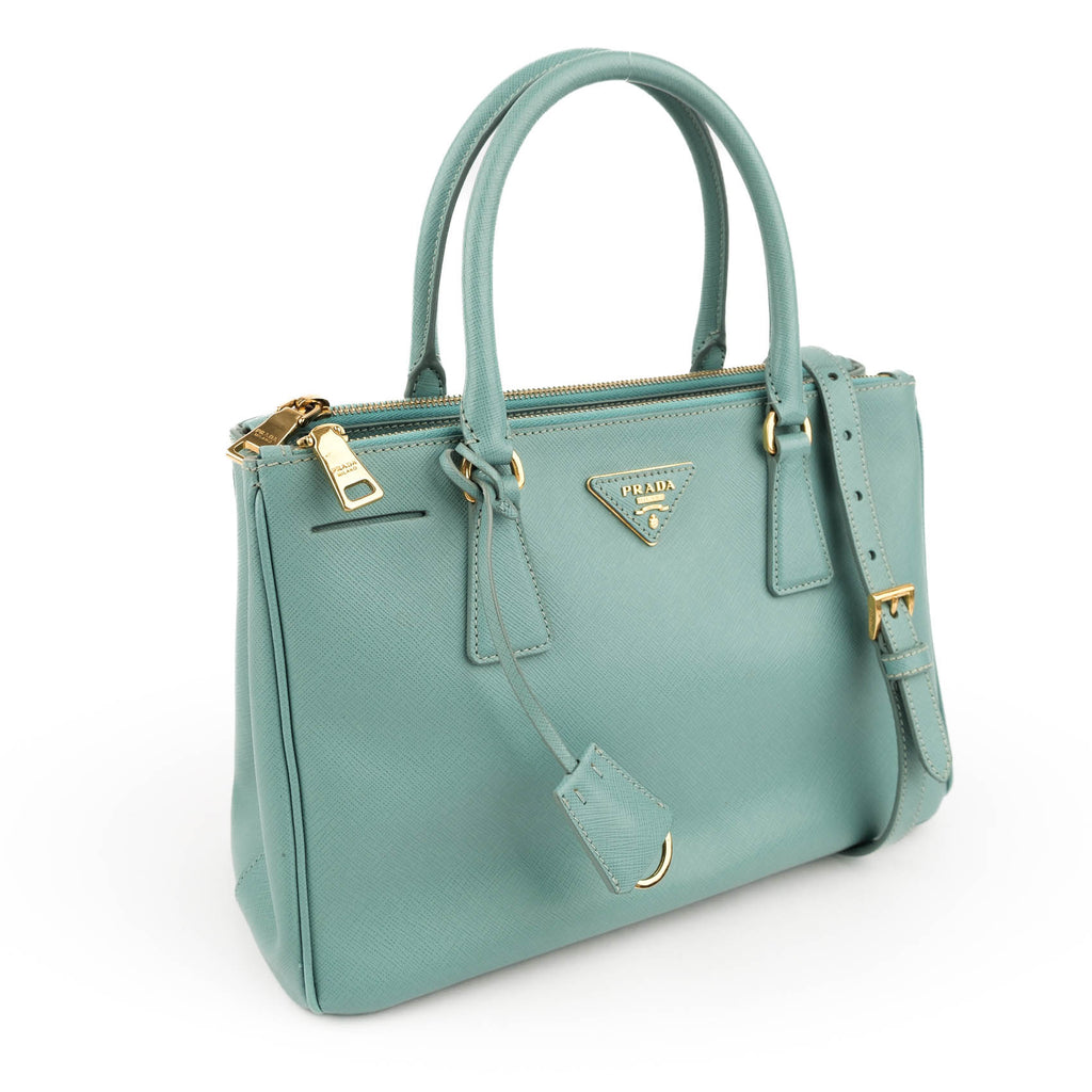 Prada Galleria Medium Saffiano Leather 2-Way Handbag Light Blue Gold Hardware