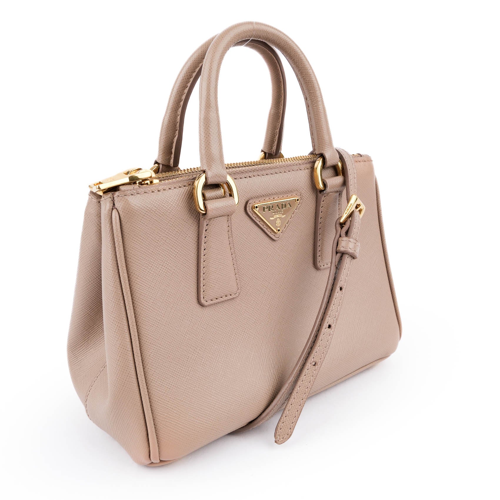 Prada Galleria Saffiano Mini 2-Way Handbag 1BA906 Beige Gold Hardware
