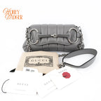 Gucci Horsebit Chain Small Shoulder Bag Quilted Calfskin Grey Palladium Hardware Rank A