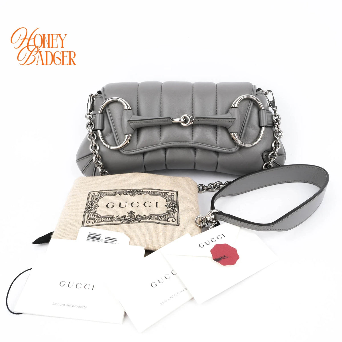Gucci Horsebit Chain Small Shoulder Bag Quilted Calfskin Grey Palladium Hardware Rank A