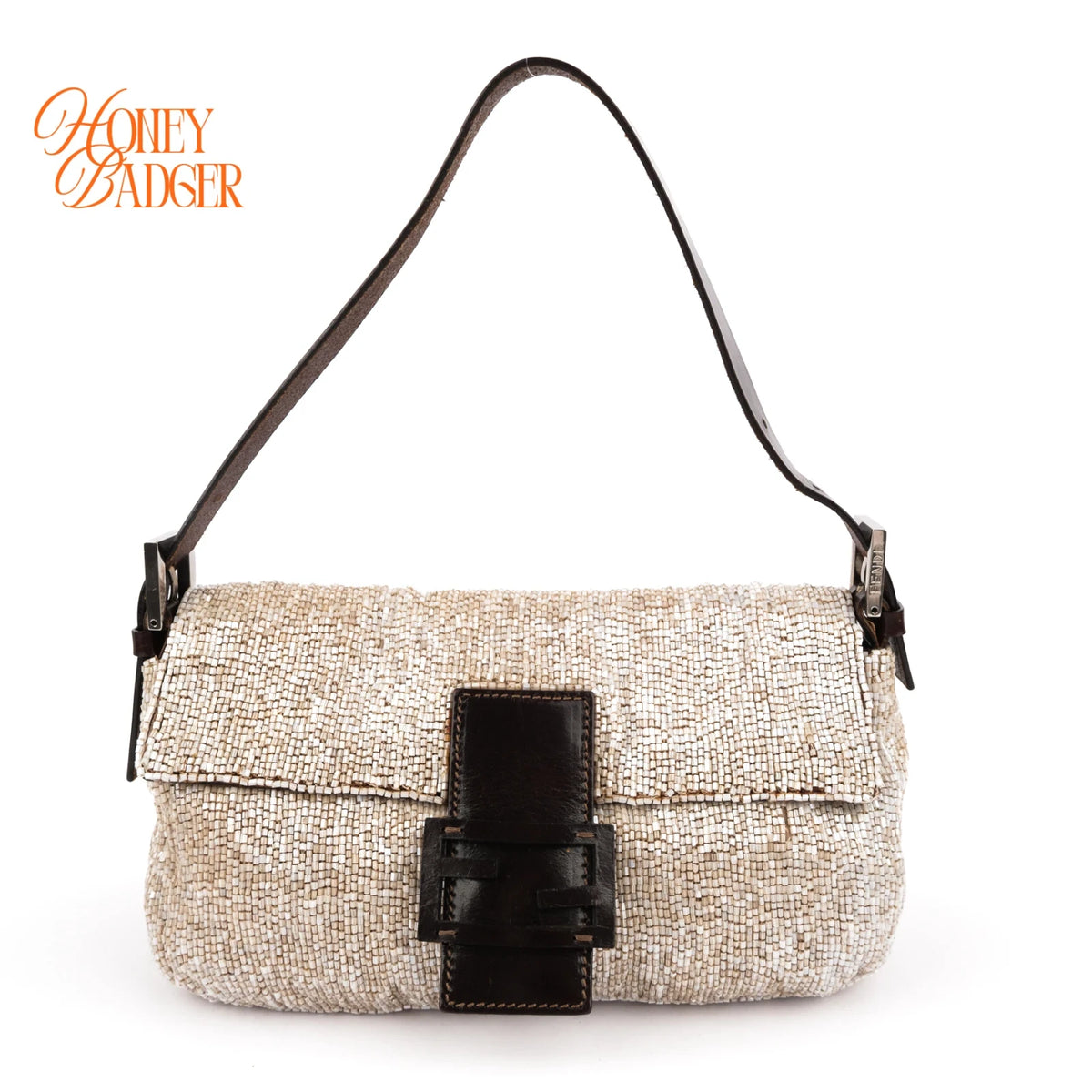 Fendi Baguette 26424 Beaded Embroidery Off-White/Dark Brown Rank B