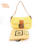 Fendi Mamma Baguette Raffia Crochet Yellow Brown Shoulder Bag Rank AB