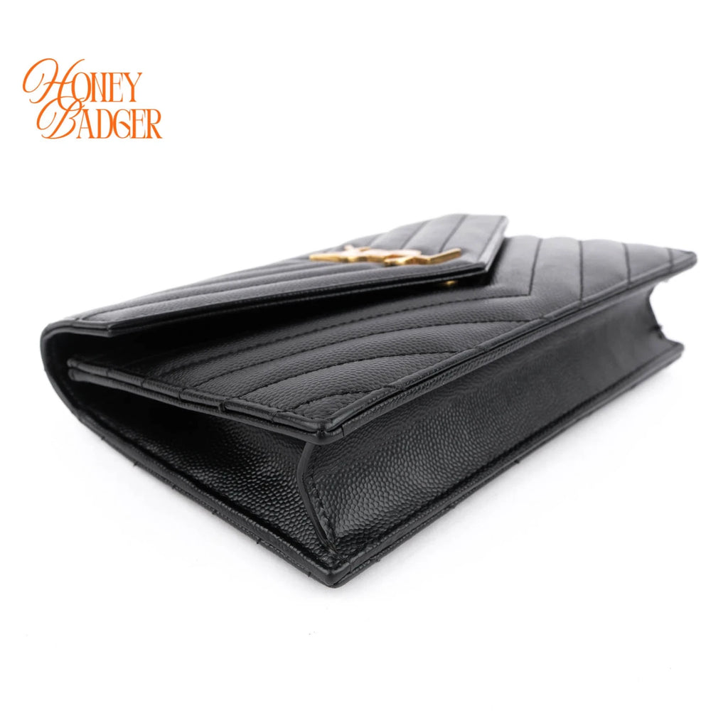 Saint Laurent Cassandre Envelope Chain Wallet Grain de Poudre Leather Black Gold Hardware Rank A